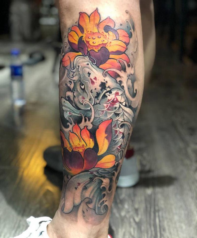 鲤鱼纹身图片_腿部欧美写实New School纹身图案