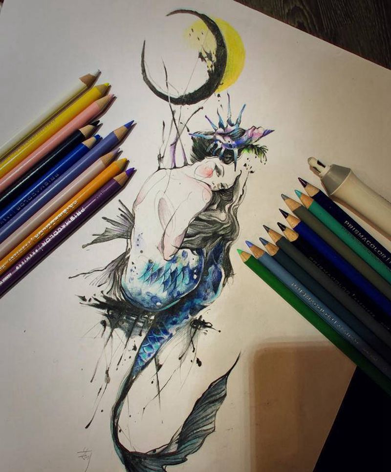 美人鱼，遮盖纹身图片_腰部水彩纹身图案