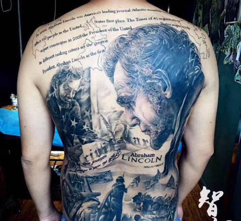 林肯纹身图片_背部欧美写实纹身图案