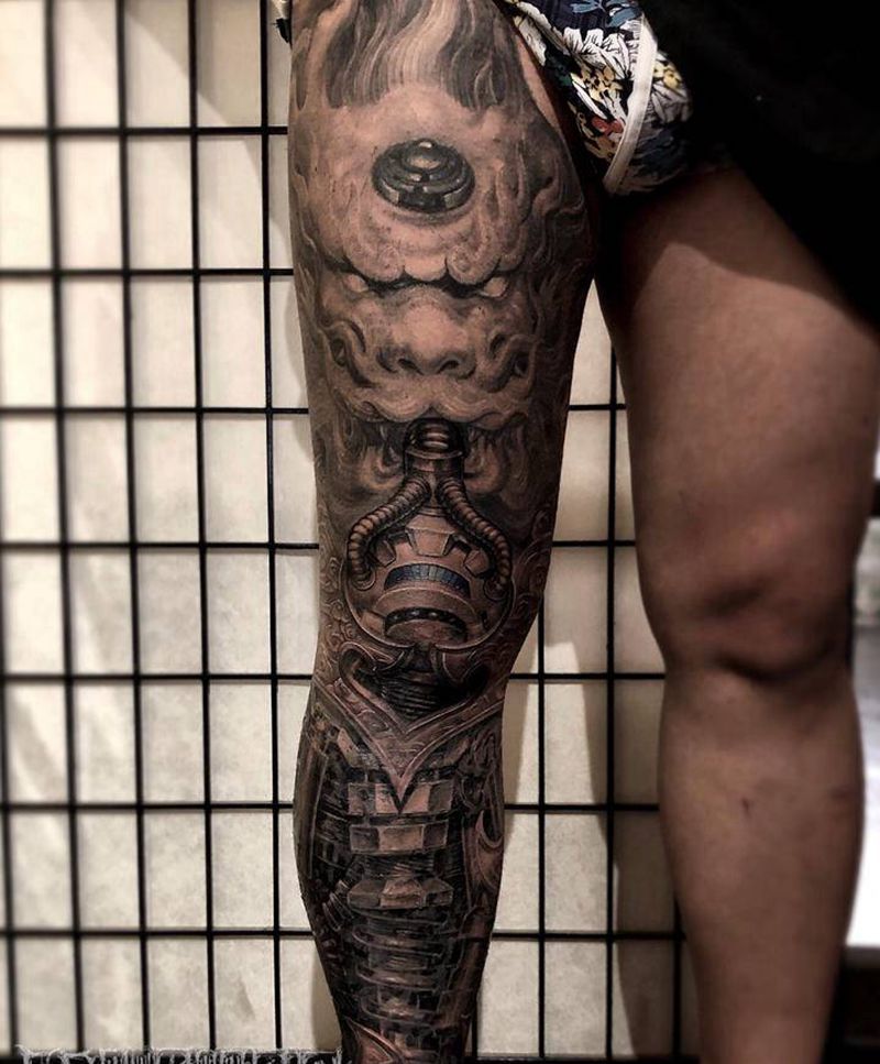 云龙机械腿纹身图片_腿部新传统欧美写实石雕机械龙纹身图案