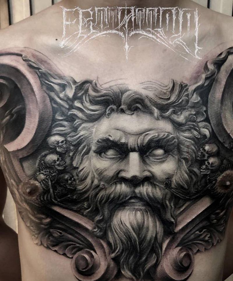 冥界纹身图片_胸部欧美写实哈迪斯冥王骷髅纹身图案