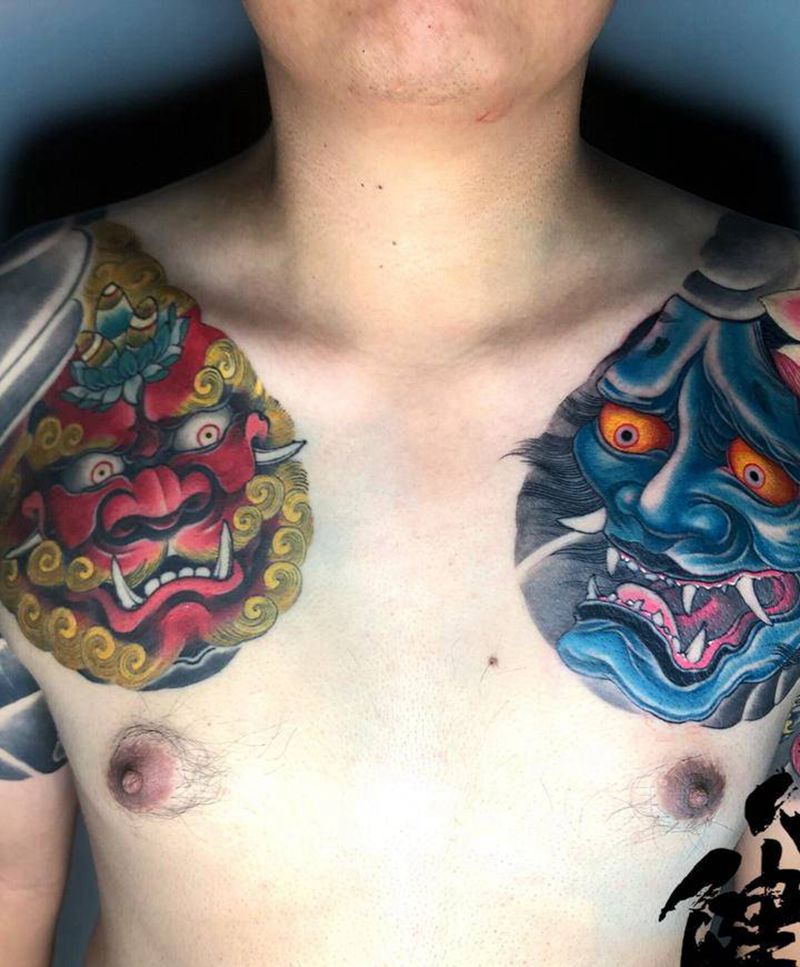 般若  唐狮子纹身图片_胸部肩部新传统纹身图案