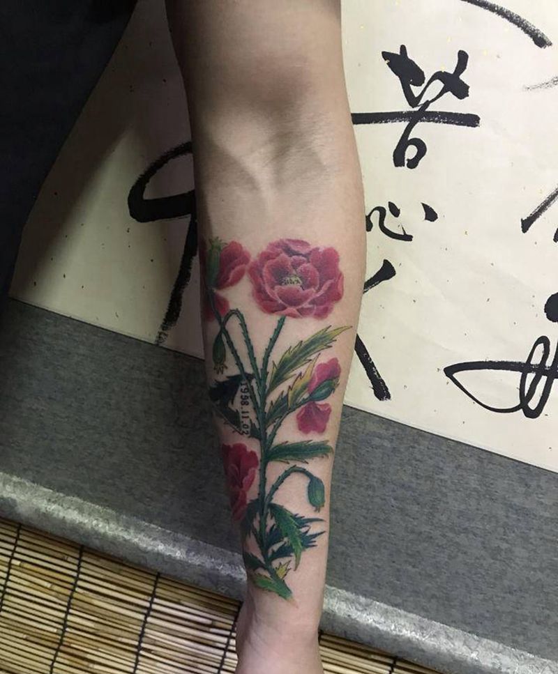 罂粟纹身图片_手臂新传统水彩纹身图案