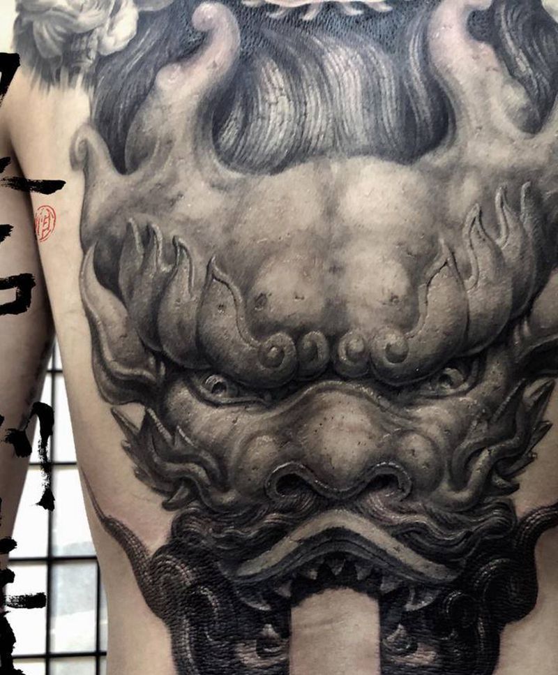 blackstone纹身图片_背部新传统欧美写实石雕龙纹身图案