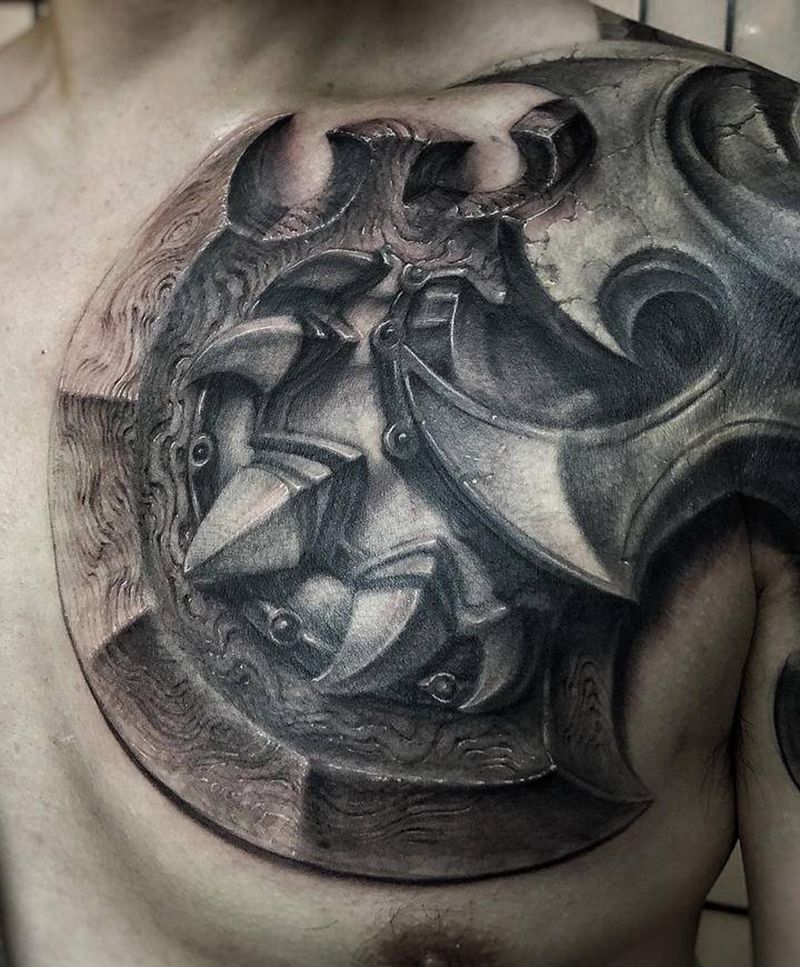 大马士革纹身图片_手臂胸部欧美写实盔甲大马士革纹身图案