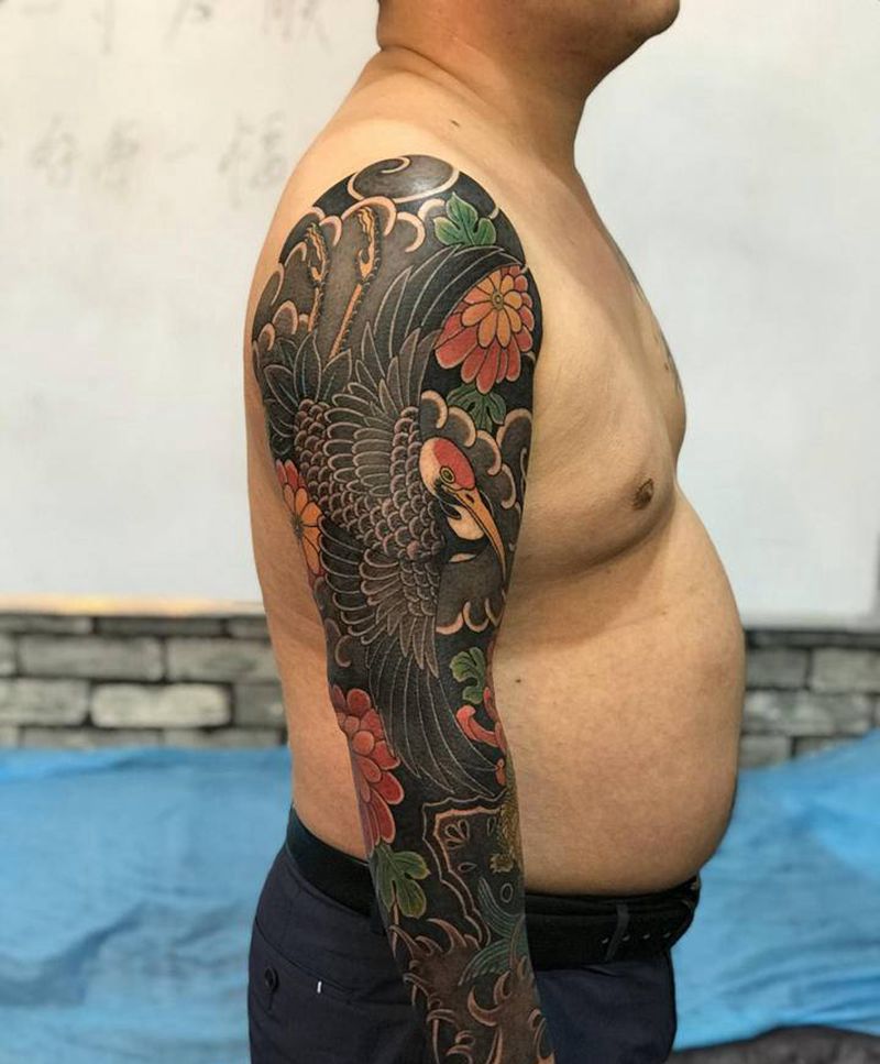 龟鹤延年纹身图片_手臂老传统纹身图案