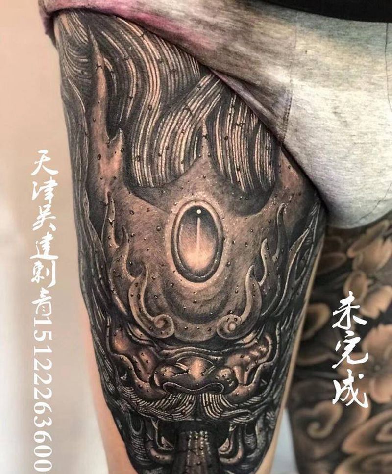 花腿龍纹身图片_腿部欧美写实纹身图案