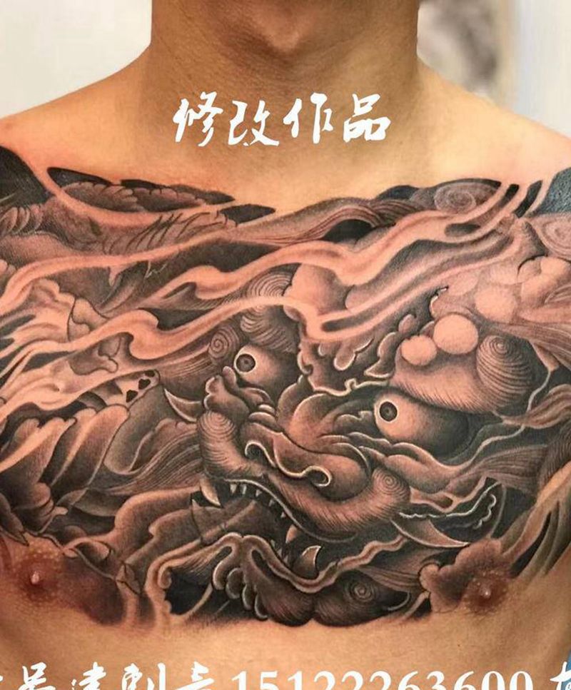 唐狮纹身图片_胸部新传统纹身图案