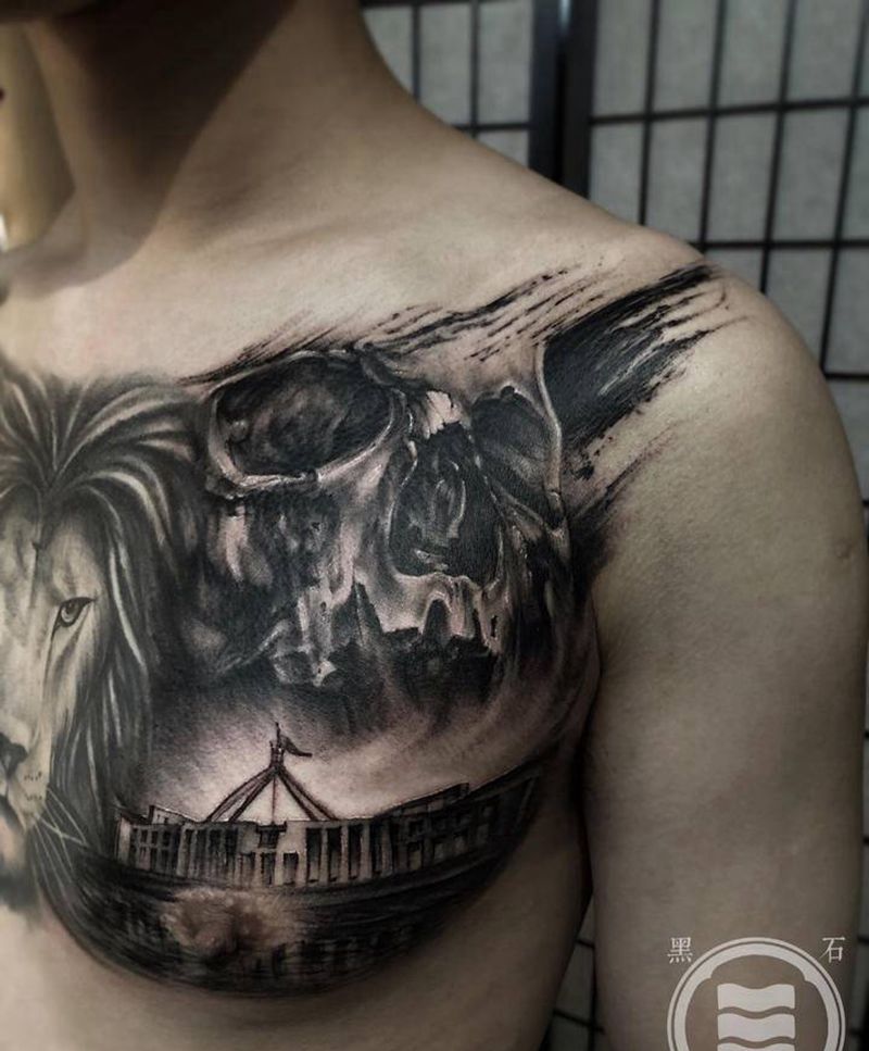 国会大厦纹身图片_胸部欧美写实修改添加骷髅国会大厦纹身图案