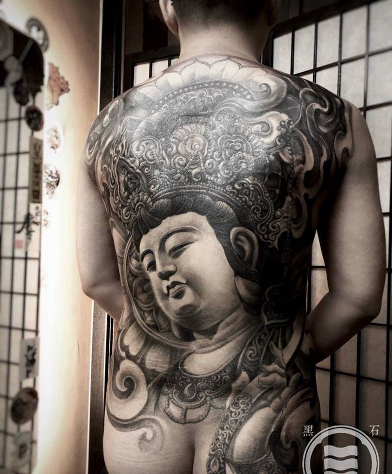 如意菩提纹身图片_背部新传统普贤菩萨如意遮盖纹身图案