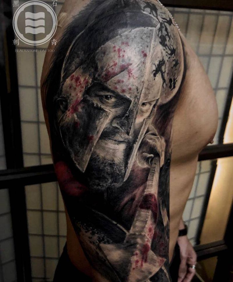 斯巴达纹身图片_手臂欧美写实斯巴达狮子纹身图案