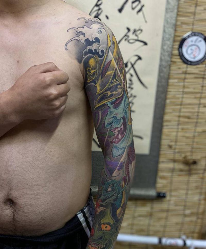 鬼武士花臂纹身图片_手臂新传统纹身图案