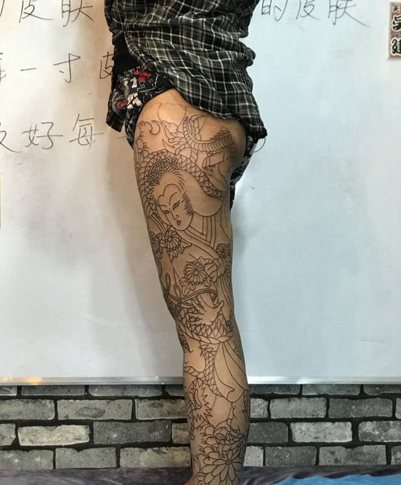 （龙女）线条完工纹身图片_腿部老传统纹身图案