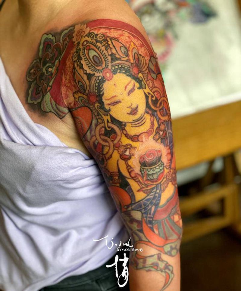 度母纹身图片_手臂肩部新传统刺青师倩东方神秘纹身图案