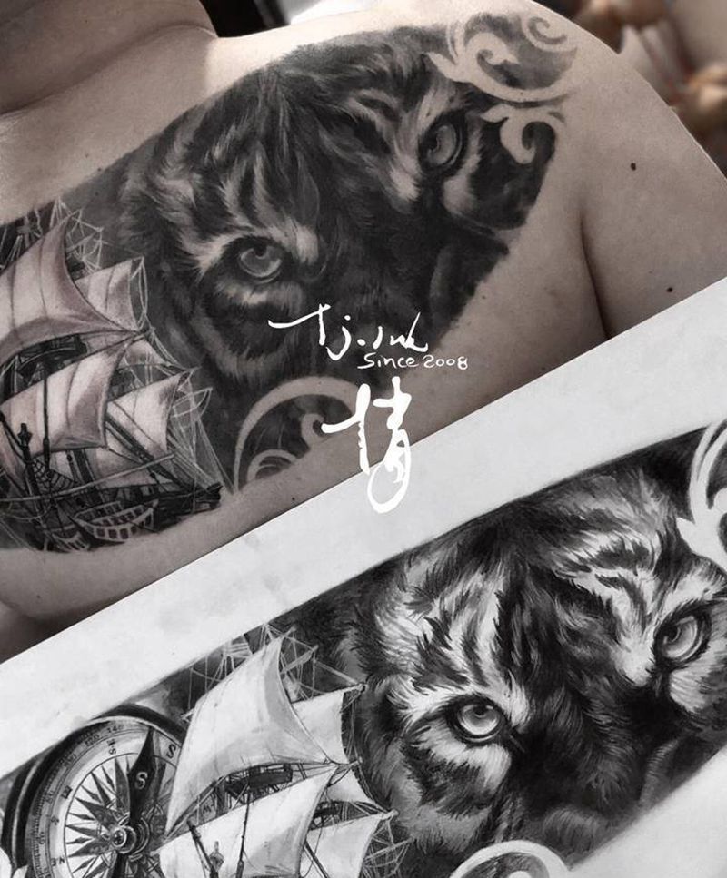 欧美老虎帆船纹身图片_背部欧美写实刺青师倩纹身图案