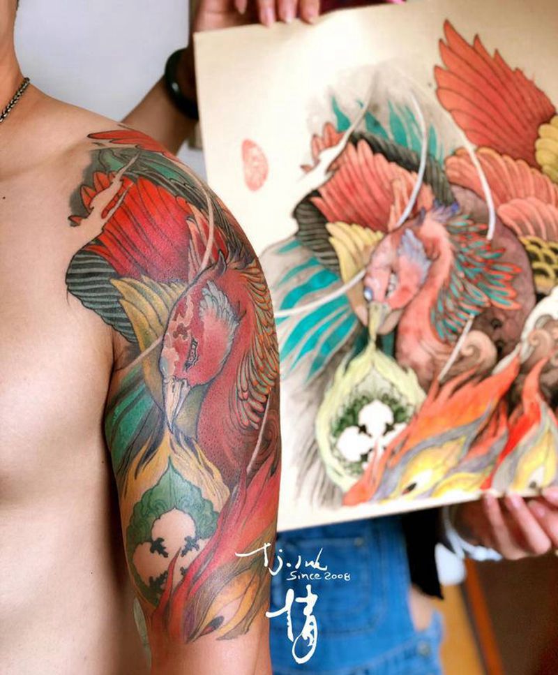 重明鸟纹身图片_肩部手臂新传统刺青师倩东方神秘纹身图案
