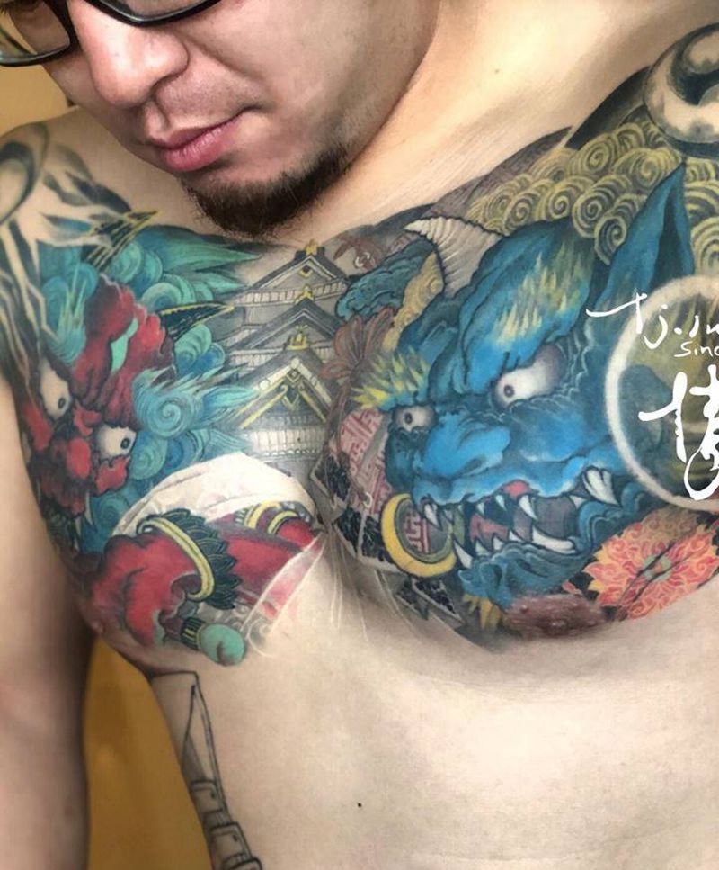 风雷二神纹身图片_胸部新传统刺青师倩纹身图案