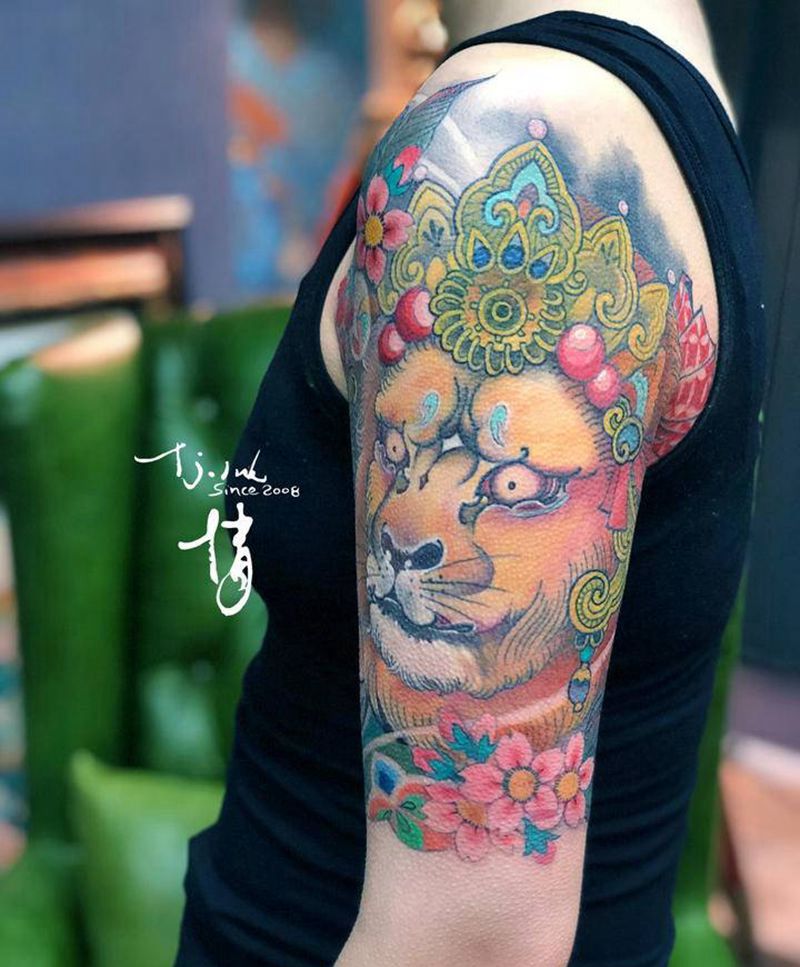 吉祥天狮子纹身图片_肩部手臂新传统东方神秘刺青师倩纹身图案
