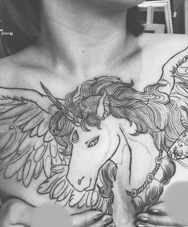 天马纹身图片_胸部新传统刺青啊倩东方神秘纹身图案