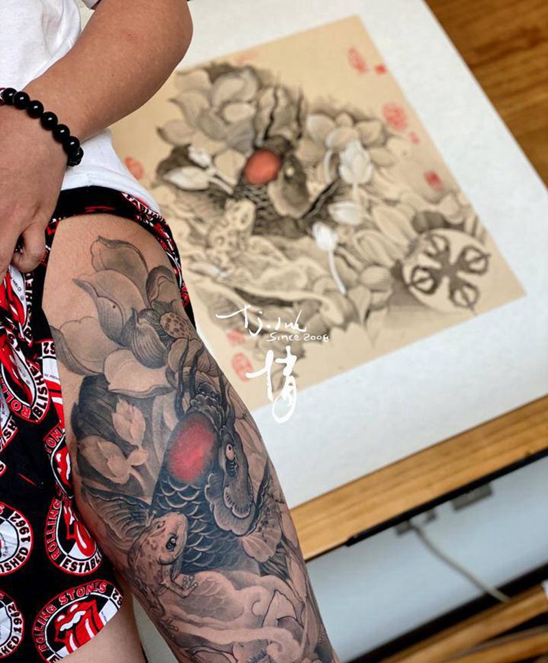 鱼蛙满堂合纹身图片_腿部新传统刺青师倩东方神秘纹身图案