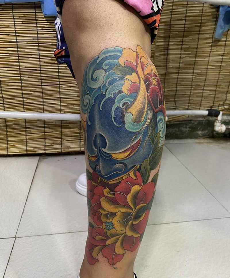 牡丹般若纹身图片_腿部新传统纹身图案