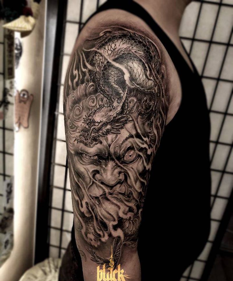 不动纹身图片_手臂新传统不动明王龙纹身图案