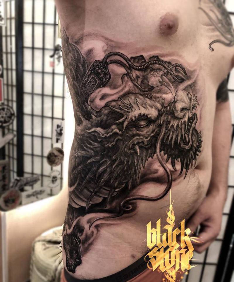 龙游纹身图片_腰部腹部新传统欧美写实龙纹身图案