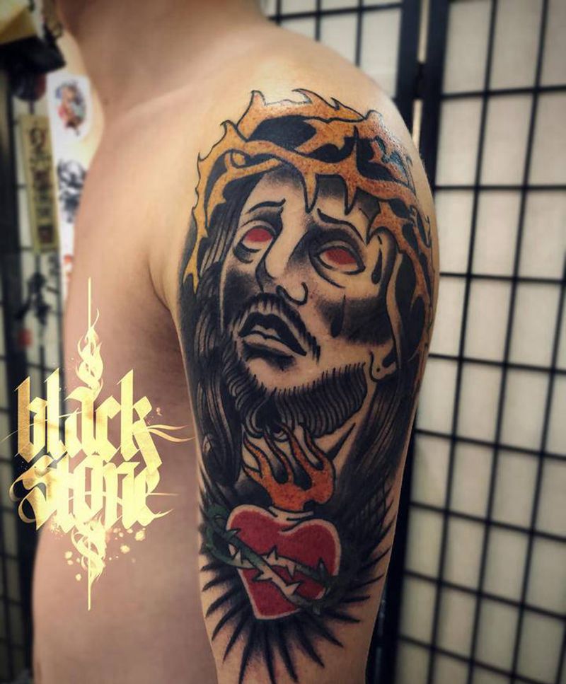 Jesus &love纹身图片_手臂Old School耶稣纹身图案