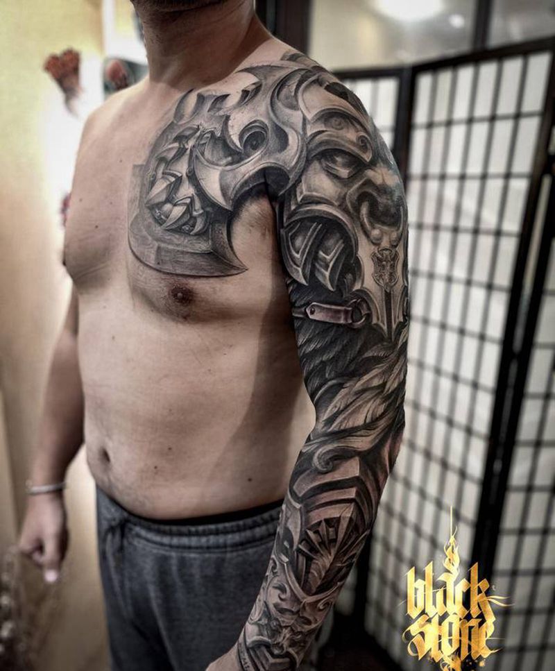 牛头甲纹身图片_手臂胸部欧美写实盔甲纹身图案