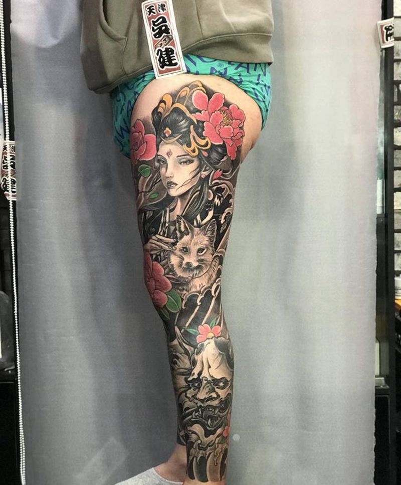 包小腿接花腿纹身图片_新传统纹身图案