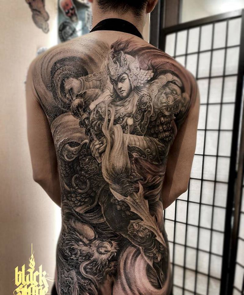 子龙纹身图片_背部新传统赵云子龙纹身图案