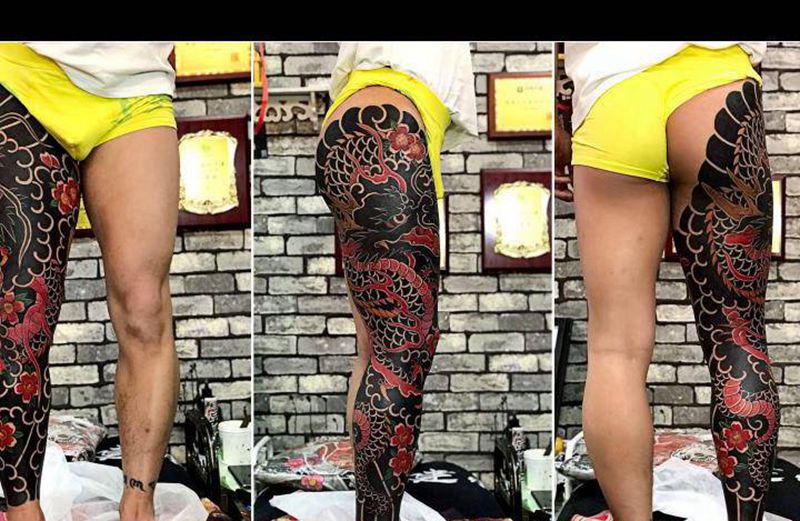 龙盘柱（一定富）纹身图片_腿部老传统纹身图案