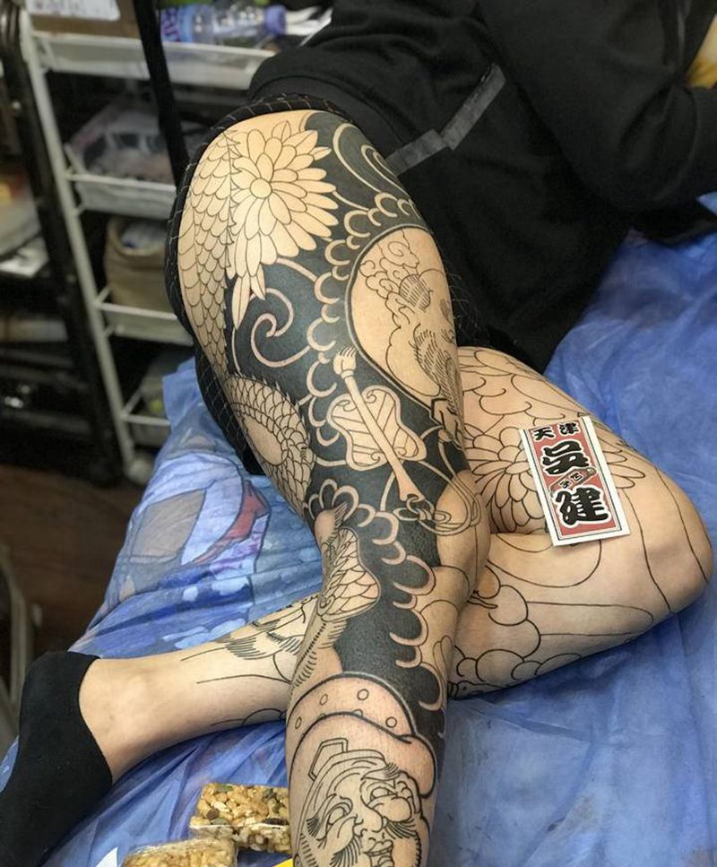 七福神纹身图片_腿部老传统纹身图案