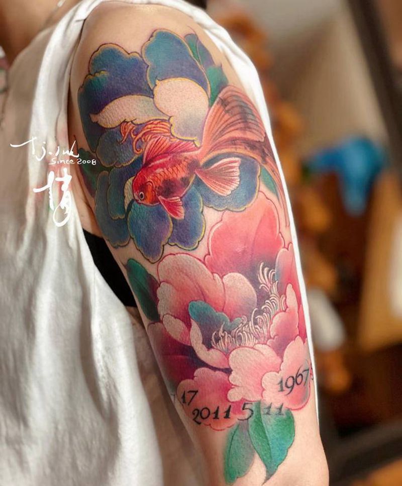 富贵有余纹身图片_手臂新传统水彩纹身图案