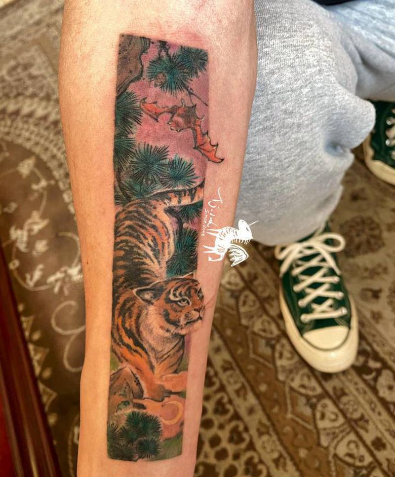 福（虎）禄（鹿）寿禧纹身图片_手臂新传统水墨刺青师倩纹身图案