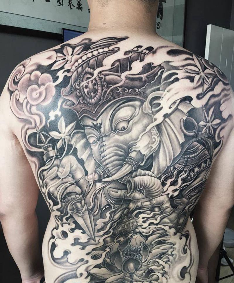 象神纹身图片_成品背部传统人物原创纹身图案