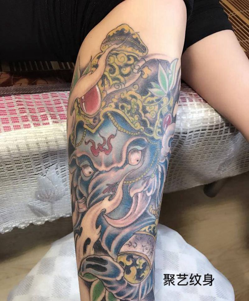 小腿象神纹身图片_成品腿部传统人物宗教鬼神纹身图案