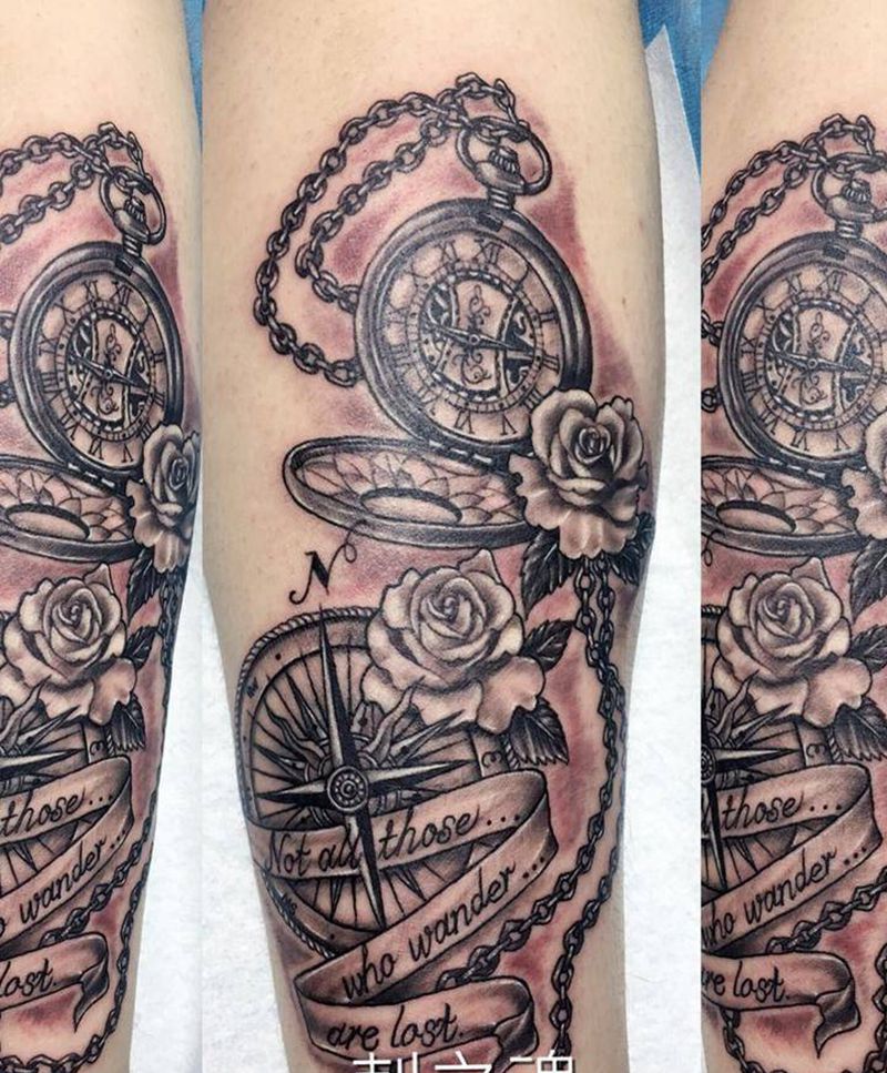 时间方向纹身图片_欧美写实原创静物腿部成品纹身图案