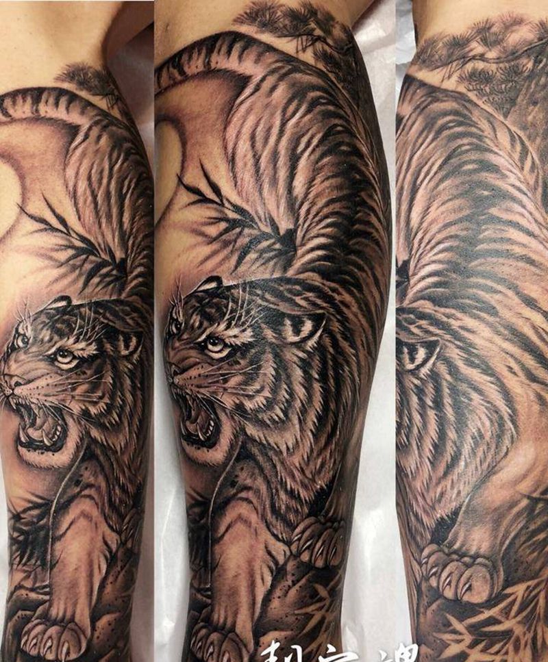 王者风范纹身图片_成品腿部写实动物原创纹身图案