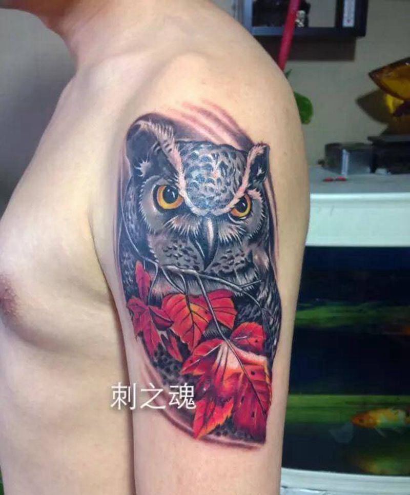 猫头鹰纹身图片_成品肩部写实欧美动物原创纹身图案