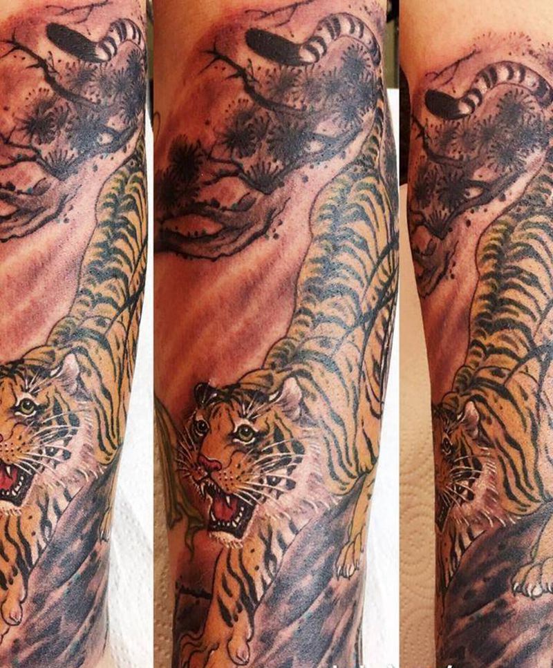 水墨老虎纹身图片_手臂国画动物原创成品纹身图案
