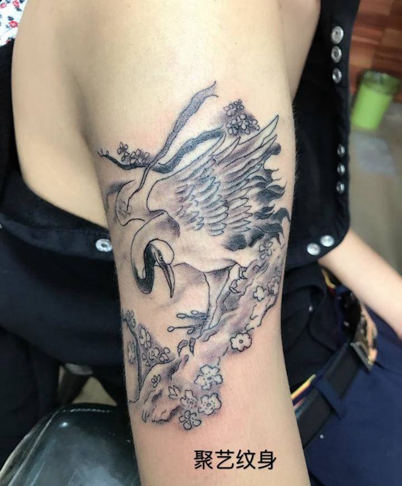 胳膊仙鹤纹身图片_成品手臂传统动物纹身图案