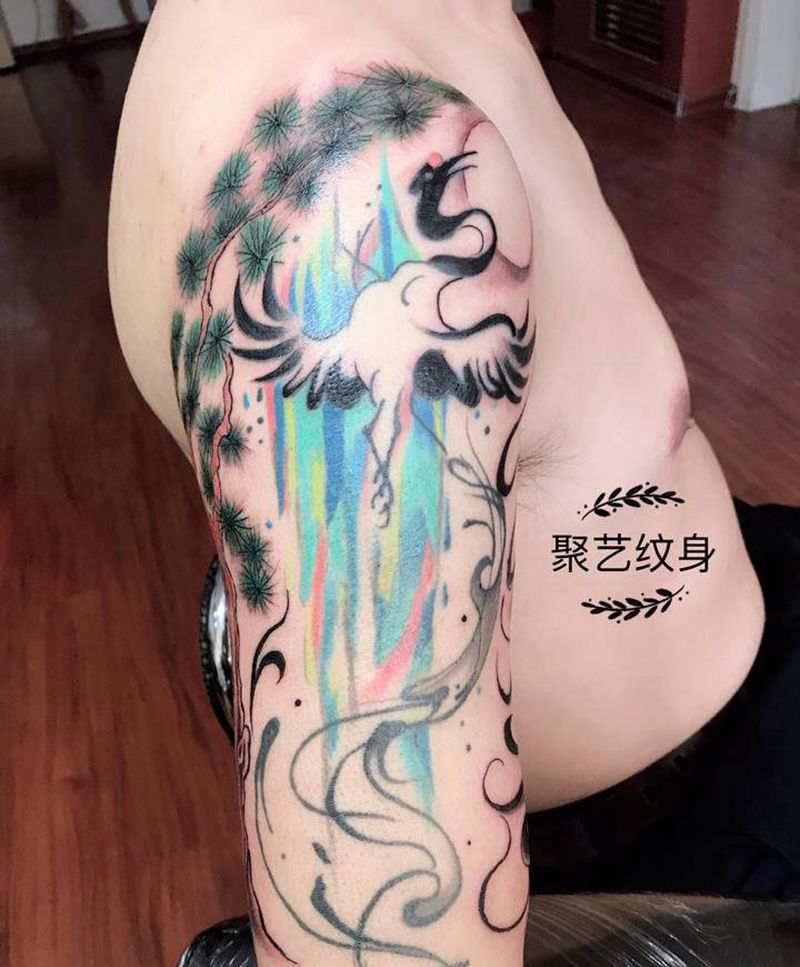 水彩松鹤延年纹身图片_手臂水彩纹身图案