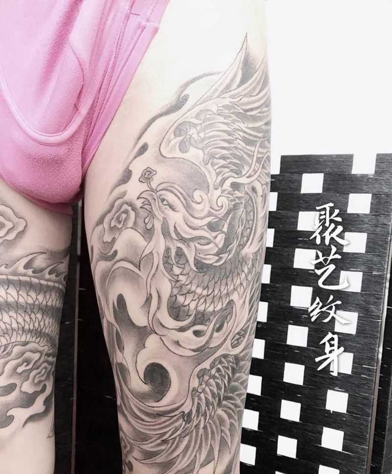 包腿凤纹身图片_腿部纹身图案