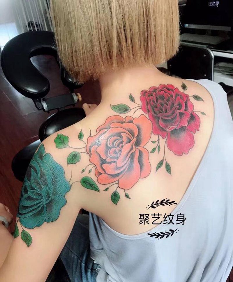 覆盖牡丹纹身图片_肩部手臂纹身图案