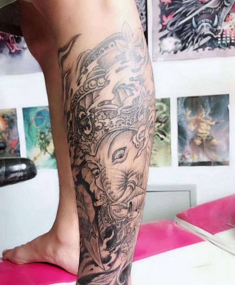 象神纹身图片_腿部纹身图案