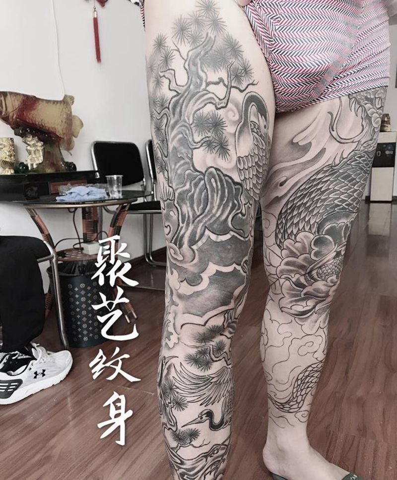 覆盖纹身 原创松鹤延纹身图片_腿部纹身图案