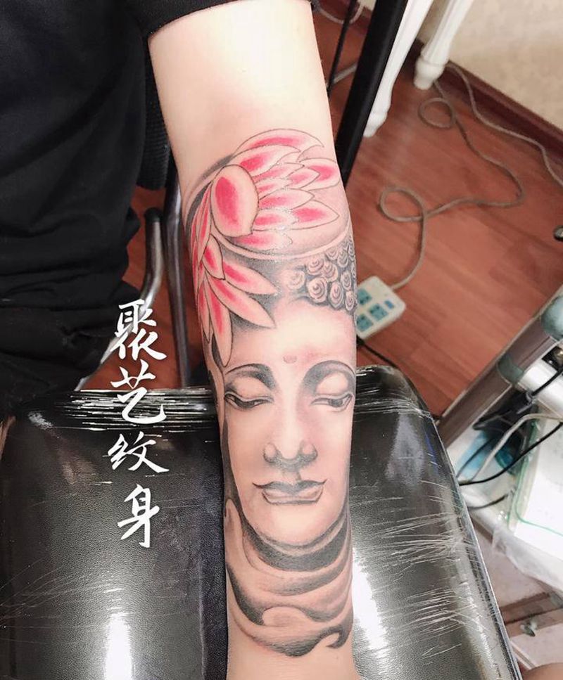 佛头莲花包臂纹身图片_手臂纹身图案