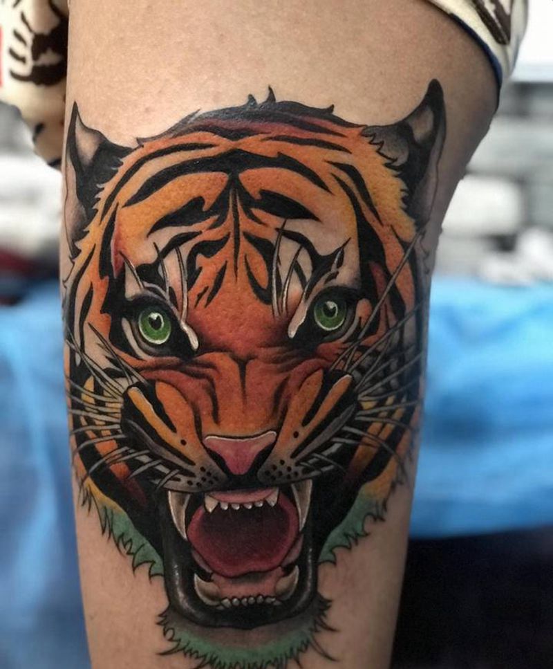 大腿老虎纹身图片_腿部New School纹身图案