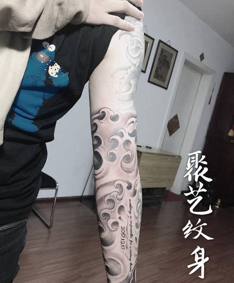 老旧纹身接花臂 浪花纹身图片_手臂纹身图案